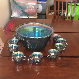 Indigo carnival punch bowl and 12 cups